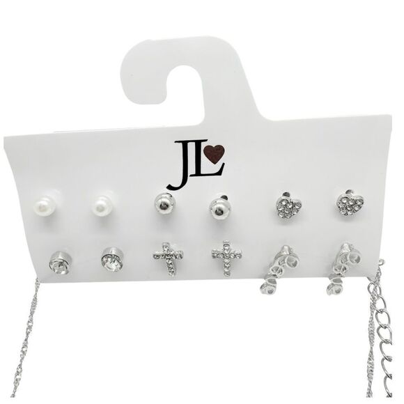 JL❤️ 6 Pairs Pierced Earrings and Cross Necklace Silver Color Style 2900 Cl 1138 - Picture 2 of 4